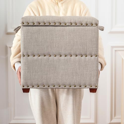 Adeco 18 Inch High Cube Ottoman Storage, Linen Beige Chair Foot Stools with Tray, Upholstered Vanity Stool with Solid Wood Legs