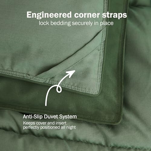 Image of HIG 3 Piece Green Reversible Duvet Double 200cm x 200cm - Coverless With Baffle Box Design - 10.5 Tog Down Alternative Comforter Set With 2 Shams - Corner Tabs - Machine Washable & Durable