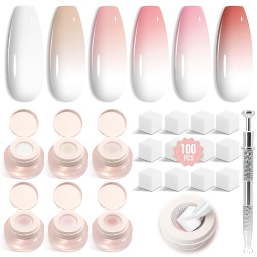 Shining She Ombre Gel Nagellack Set, 6 Farben Licht Rosa Serie Pat Painting Gel Nail Polish Set für Farbverlauf Nageldesign Gradient Blush Effekt DIY mit Maniküre-Greifer und 100 Nail Art Schwämme