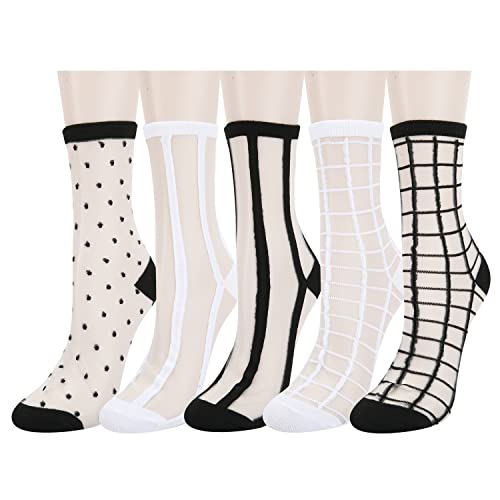 Womens Girls Sheer Socks Striped Lace Ankle Mesh Socks Novelty Cute See Through Fancy Dress Socks Ultra Thin Fishnet Polka Dot Plaid Silk Nylon Crew Socks New Year Socks Women, 5 Pack-Black White
