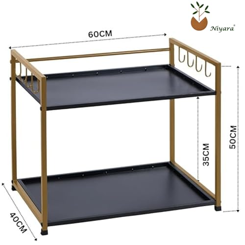 Image of Niyara Iron Metal Heavy Duty Stand 3-Tier Multistorage /Multipurpose Standing Rack, Bathroom Countertop Storage Shelf Cosmetic Organizer Holder Kitchen Spice Rack (Microwave stand black with gold)
