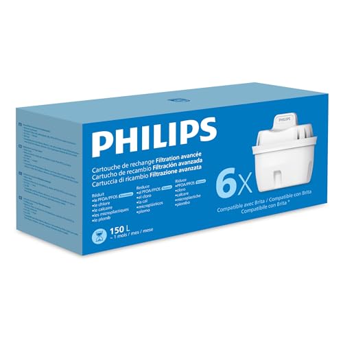 Philips Water Cartuchos de filtro de agua de repuesto Filtración Avanzada, pack de 6 filtros, reduce los MICROPLÁSTICOS, el CLORO, la CAL, los METALES PESADOS, Compatible con brita*