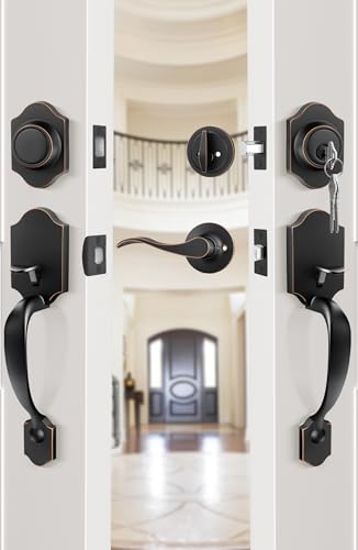 Image of Goldenwarm Double Front Door Lock Set, Oil-Rubbed Bronze Double Door Handlewith Dummy, Double Classic Front Door Hardware Set with Reversible Wave Handle Lever, Double Entry Door Lock Set
