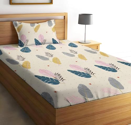 Image of la' amour Cotton Prime Collection Offered 180TC Floral Single Bedsheet Size (60X90) With 1 Matching Pillow Covers Size (17X27) Color-Breathable Summer Topsheet- (Multicolor, Cream)