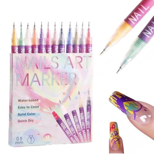 ZEOHBETY 12 Farben Nail Art Stifte Set 0 5 MM Nail Art Marker Polnischer Stift wasserdicht und schnell trocknen - Polnischer Stift für DIY Nägel Kunst Design Maniküre Werkzeuge