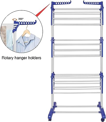 Image of Clothes Drying Rack, 3-Tier Folding Stainless Steel Laundry Rack with Side Wings Indoor & Outdoor Use Space-Saving Design (Blue)