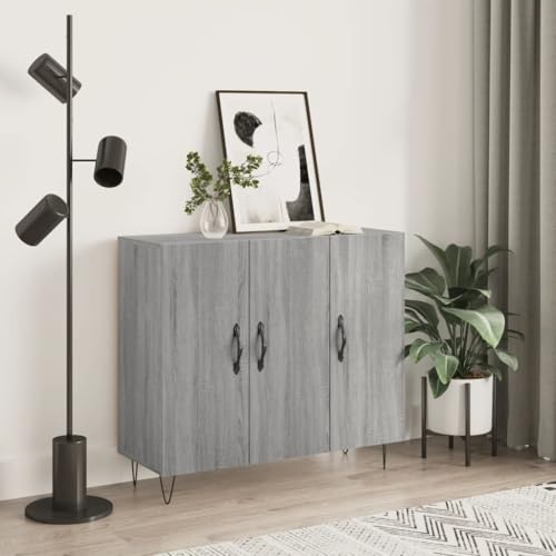 sephironlbb Aparador moderno gris Sonoma 90 x 34 x 80 cm de material de madera, elegante armario auxiliar con patas de metal, espacio de almacenamiento versátil para salón, cocina y oficina