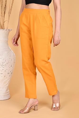 Image of Women's Solid Straight Fit 100% Cotton Trousers | High Waist, Side Pockets, Ankle Length Pants for Office, Casual
