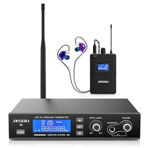 JXSOU Wireless in-Ear Monitor System, Wireless IEM Syetem, UHF PLL 550-580MHZ Band Selectable Frequency, Stereo Monitor System with Earphone for Studio, Tage, Live Performance