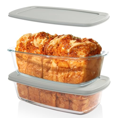 WELTOKE Set of 2 Glass Bread Baking Moulds with Lid, 1.9 Quart Loaf Tin, Oven Safe for Bread, Cakes, BPA-Free, Sealed Plastic Lid & Handles
