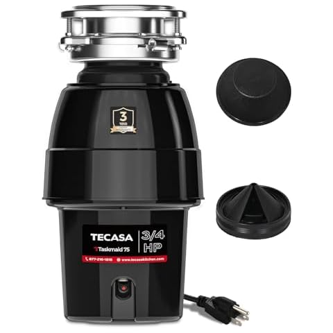 3/4 HP Garbage Disposal, TECASA Food Garbage Disposal with Power Cord, Stainless Steel Grinding System and 3-Bolt Mounting, Continuous Feed Garbage Disposals, Quiet, Taskmaid Series 75 Cover
