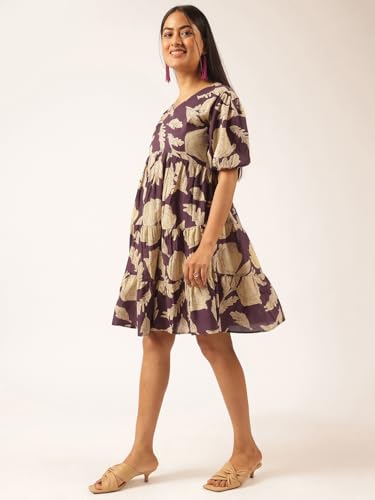 Image of Vbuyz Women's Floral Print Flared Cotton Beige Stitched Dress