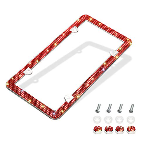 Otostar Bling License Plate Frame, Handcrafted 4 Rows Shiny Rhinestones Stainless Steel 4 Holes License Plate Frame With Anti-Theft Screws Caps Set (Red, 1 Pack) #TOP1