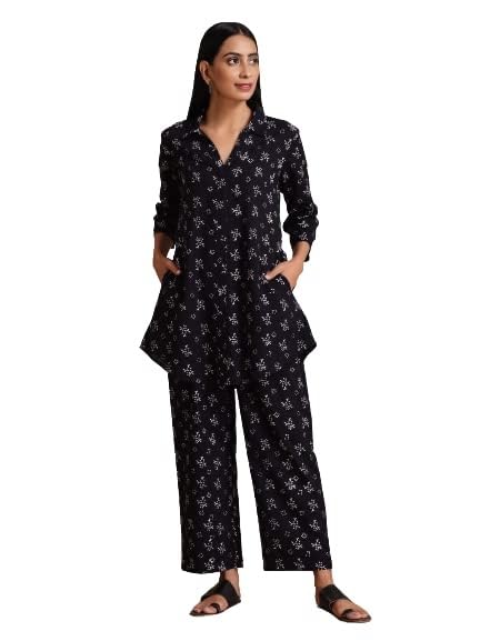 Image of Tarshika Women Women's Trendy Printed Cotton Blend Straight Pocket Black Color Kurta and Palazzo Set (KS2069-S)