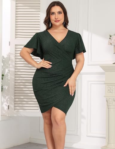 Image of CYCLAMEN 1X-4X Plus Size Sparkle Glitter Ruched Bodycon Mini Wrap Dress Sparkly Sequin Dresses Ruffle Sleeve Party Cocktail