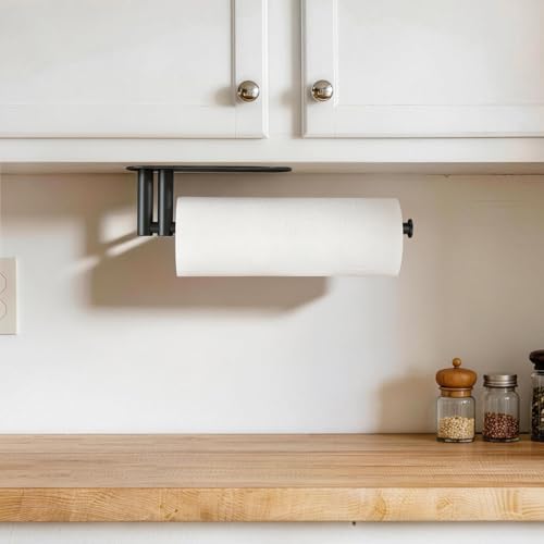 Image of Paper Towel Holder Under Cabinet, Upgraded Dual-Rod Adhesive Paper Towel Holder with Longer Base, Stainless Steel Wall Mounted Holder for Kitchen Towels, No Drill, Black
