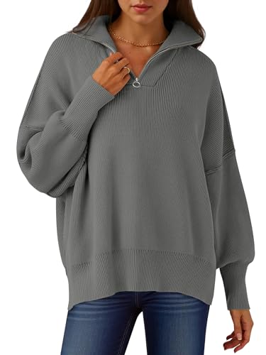 Image of ANRABESS Womens Oversized Quarter Zip Pullover Sweaters | Fall Fashion Outfits, Long Sleeve Slit Side, Baggy Loose Fit, 1 /4 Zip Lapel Collared, Ribbed Knit Soft Warm Winter Clothing