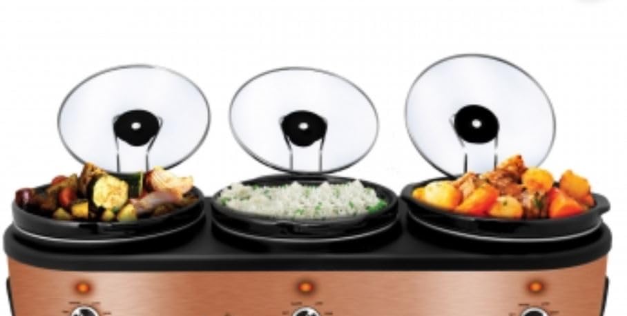 Triple 2 5 Quart Slow Cooker and Buffet Server in Brushed Copper and Black Finish with 3 Ceramic
