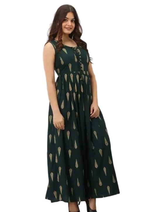 Raj Fashion Women's 3/4th Sleeves Round Neck Rayon Solid Calf Length Anarkali Ethnic Long Gown Dark Green-picture-26