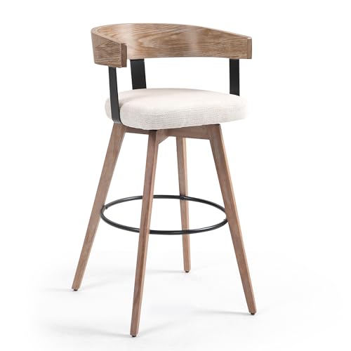 Glamour Home Beck Beige Linen Fabric Bar Stool with Natural Wood Backrest and Legs