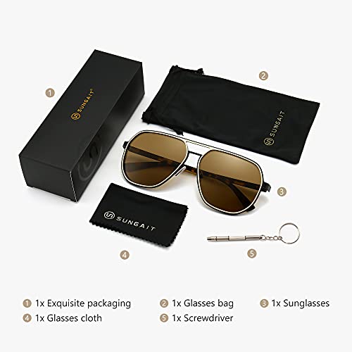 Image of SUNGAIT Aviator Sunglasses for Men and Women, Polarized Trendy Square Sun Glasses Retro Pilot Shades UV Protection