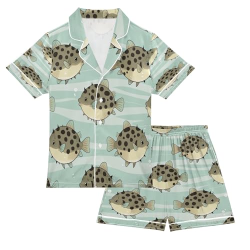 Satin Pajama Sets Short Sleeve Fish Pattern Pufferfish Button Down Silky Nightwear 2 Piece PJS 5-14Y