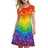 Biyejit Women's Short Sleeve Summer Dress LGBT Pride Rainbow Hearts Casual Flare Swing Dresss A-Line Swing Party Dresses Plus Size S-4XL