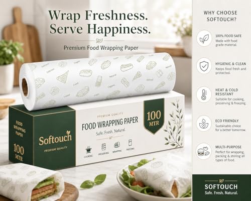 Image of Softouch Food Wrapping Paper 100 Meter- Butter Paper Roll, Greaseproof & Microwave Safe, Roti Wrapping Sheets for Kitchen Use, Ideal for Baking, Packing, and Serving