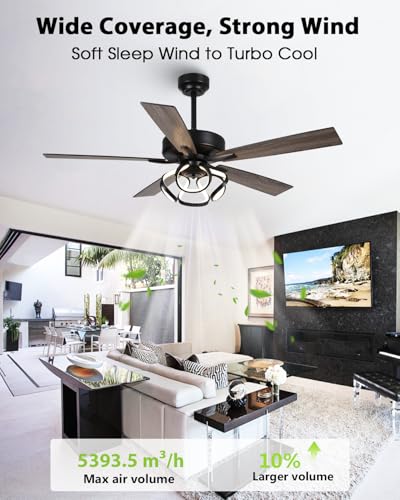 Image of 52 Inch Ceiling Fans with Lights, Creative Modern Black Ceiling Fan and Remote, Dimmable, 6 Speeds, Quiet, Dual-Sided Reversible 5 Blades Indoor Outdoor Chandelier Fan for Bedroom Living Room