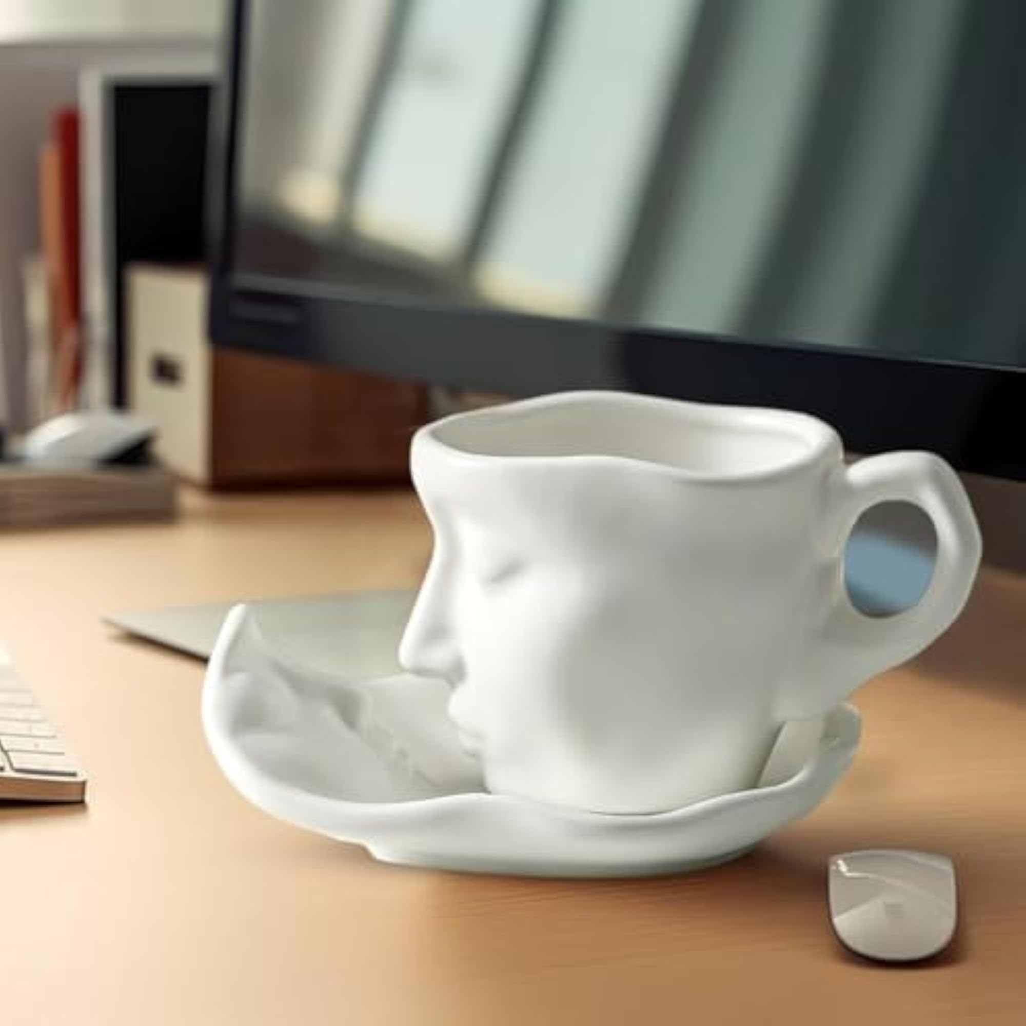 Unique Face Coffee Cup Set, Artistic Ceramic Mug with Saucer