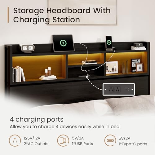 King-Storage-Bed-Frame-with-6-Drawers-USB-Charging-Station-No-Noise-No-Box-Spring-Required-Vintage-Black-Headboard-Platform-Bed