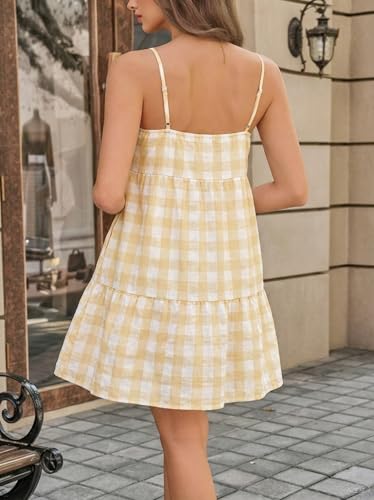 Image of Womens Summer Plaid A-line Sleeveless Casual Flowy Mini Sundress | Spaghetti Strap,Gingham Y2K,Maternity,Vacation,Country Concert,Short Dresses,with Pockets