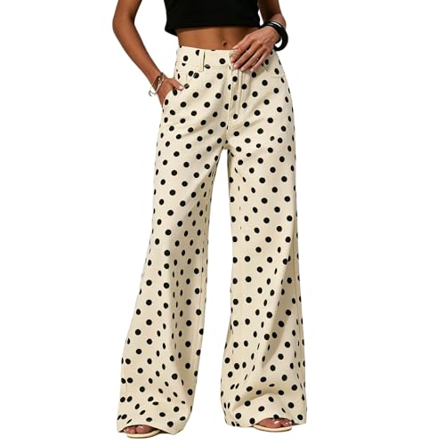 XBTCLXEBCO Polka Dot Jeans Women Y2K Print High Waisted Wide Leg Denim Pants Vintage Stretchy Boyfriend Jeans 90s Streetwear(White Medium)