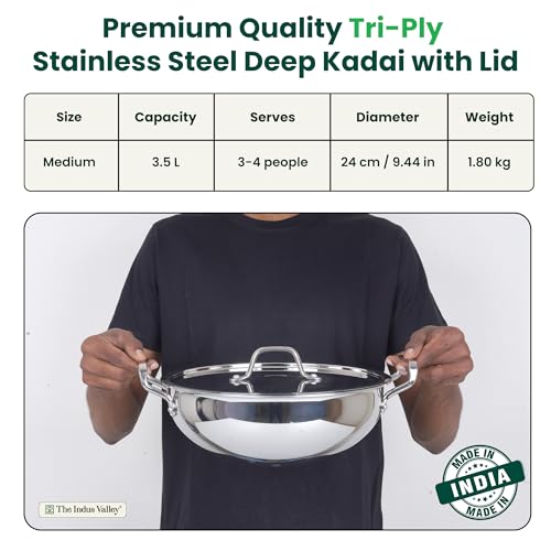 Image of The Indus Valley Triply Stainless Steel Deep Kadai /Kadhai 3.5 LTR with Stainless Steel Lid | 24 cm /9.44 inch,1.80kg | Induction Friendly | Nonstick 3-Layer Body, 100% Pure & Toxin-Free