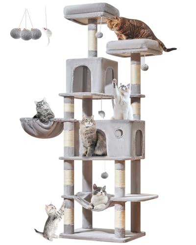 Image of Taoqimiao Large Cat Tree, 73 in Tall Cat Tower with 2 Plush Big Cat Condos | 9 Scratching Posts, 2 Top Perches, Cozy Hammock & Basket, Indoor Cats, 2 Pompoms & Mouse Toy, Light Gray, MS013XLW
