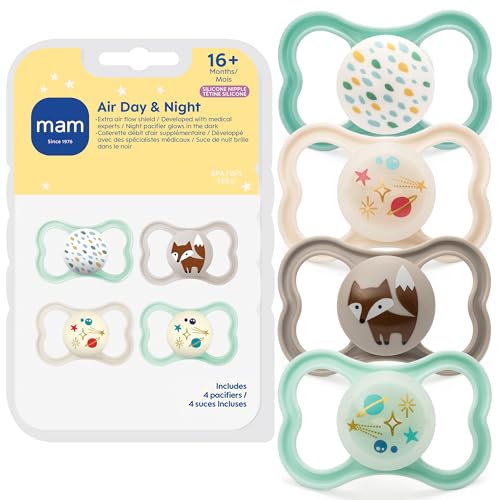 Image of MAM Air Pacifier for Babies 16+ Months, Extra Air Flow for Sensitive Skin, Glows in The Dark, Developed with Medical Experts, BPA-Free Skin Soft Silicone, 4 Count, Made in Europe
