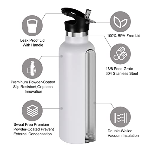 Volhoply 750ml Insulated Water Bottles Bulk 2 Pack,Stainless Steel Double Wall Sport Bottle with Straw Lid,Metal Reusable Cup with Hand Cap for School,Cyclists,Hikers,Gift (White - Image 3