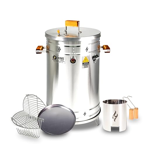 Barril Barbacoa Grande 38 Libras (19 Kilos) Humo Barriles EU – Hasta 30 Personas – Acero Inoxidable 304 y 430, Cocción sin Humo, Parrilla Abatible y Termómetro