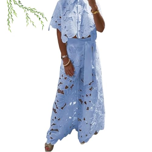 Elegance Floral Lace Cropped Shirt and Belt Pocketed Wide Leg Pants Set,Hollow Lace Women Sexy 2 Piece Outfits