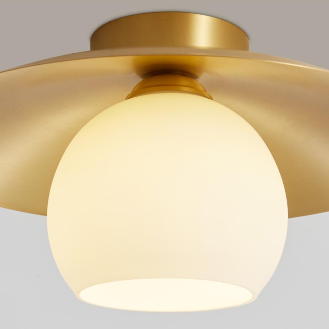 Modern Brass Ceiling Light Mid-Century Gold Semi Flush Mount Ceiling Light Metal Dome Shaped Ceiling Lamp Hallway Light Fixture with Frosted Glass Shade for Bedroom Kitchen
