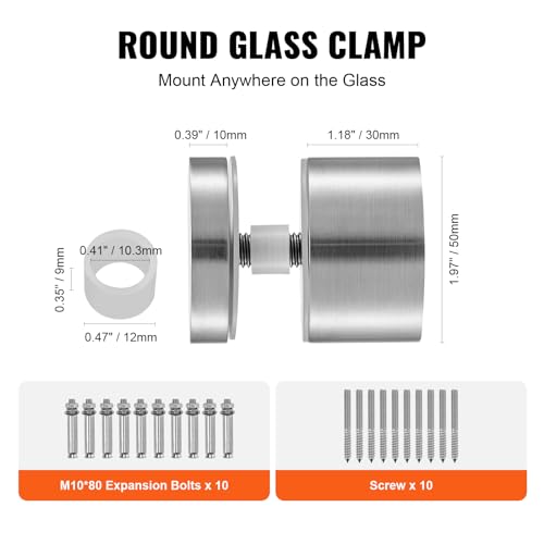 VEVOR Glass Clamp, 10 PCS Round Glass Railing Bracket for 0.31 "-0.62" Tempered Glass, 316 Stainless Steel Glass Mounting Clamp, Glass Shelf Bracket for Balcony, Garden, Pool, Stair, Silver by VEVOR - Image 5