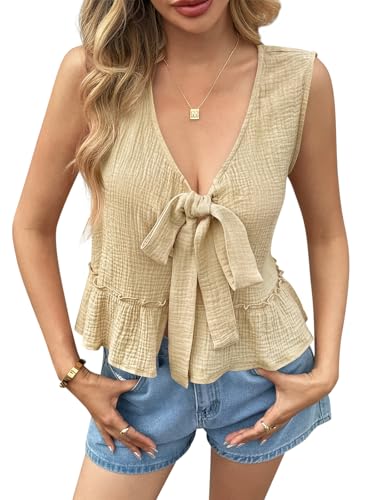 Cicy Bell Womens Babydoll Tank Tops V Neck Bow Tie Front Sleeveless Summer Shirts Sexy Peplum Flowy Flared Tops Khaki