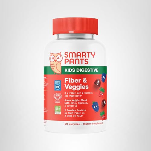 SmartyPants Kids Fiber & Veggies: Prebiotic Fiber Gummies for Kids, Fiber Supplement with Inulin, Organic Green Veggie Blend, Vegan, Gluten Free, Mixed Berry Flavor, 60 Count (30 Day Supply)