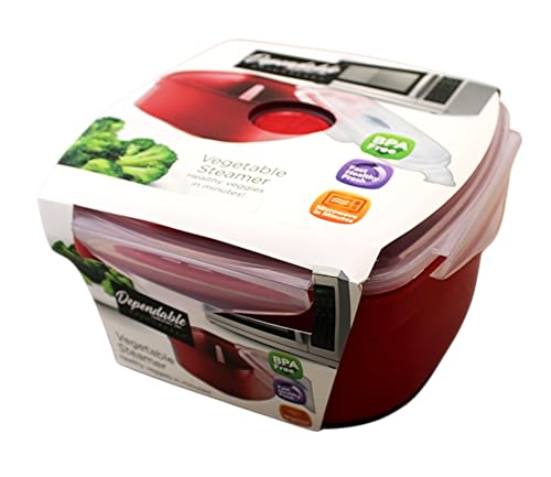 Microwave Vegetable Steamer Cooker for Healthy Cooking and Quick Meals, Cook Vegetables, Fish & Poultry, BPA-Free with Removable Strainer and Locking Vent Lid, 2.47L by Dependable Industries (Red)