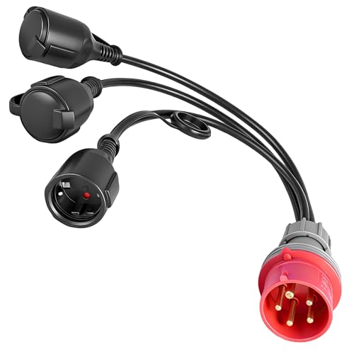 CEE Adapter 16A 400V auf 230V 3-fach Schuko Verteiler, CEE Verteiler 16A IP44 Stromverteiler mit 50cm H05VV-F Kabel, CEE Stecker 16A 5-polig auf 230V Kupplungen für Baustelle Camping Caravan Werkstatt