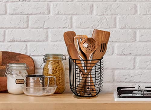 MosJos-Extra-Large-Black-Utensil-Holder-with-Wooden-Base-Farmhouse-Utensil-Storage-Wire-Crock-Kitchen-Countertop-Organizer-72-x-62-Cooking-Utensil-Holder