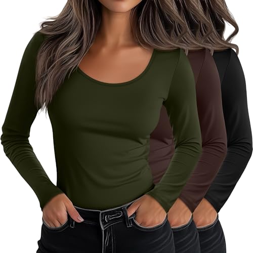 Neer 3 Pack Women's Long Sleeve T-Shirts Cotton Scoop Neck Slim Fitted Tops Stretchy Tight Casual Tees Basic Fall 2025 Shirts