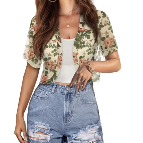 Image of Womens Short Sleeve Cardigans Lightweight Summer Cardigan Trendy Bolero Shrug Cute Floral Cardigan Sheer Bolero
