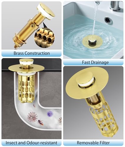 Image of QYHNYJF Upgraded Bathroom Sink Stopper with Hair Catcher - Universal Pop-Up Drain Plug, Stainless Steel & Silicone Seal for 1.1-1.5 Inch Drains, Gold Matte Brushed Finish (Gold Matte Brushed)