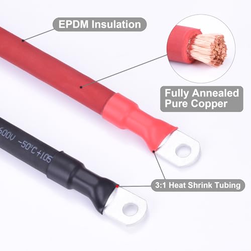 Image of 1 /0 AWG Flexible Battery Cable with 3 /8 inch Terminals - OFC Pure Copper Inverter & Welding Wire for Automotive Solar RV Motorcycle (Red + Black 1.5FT Pair)